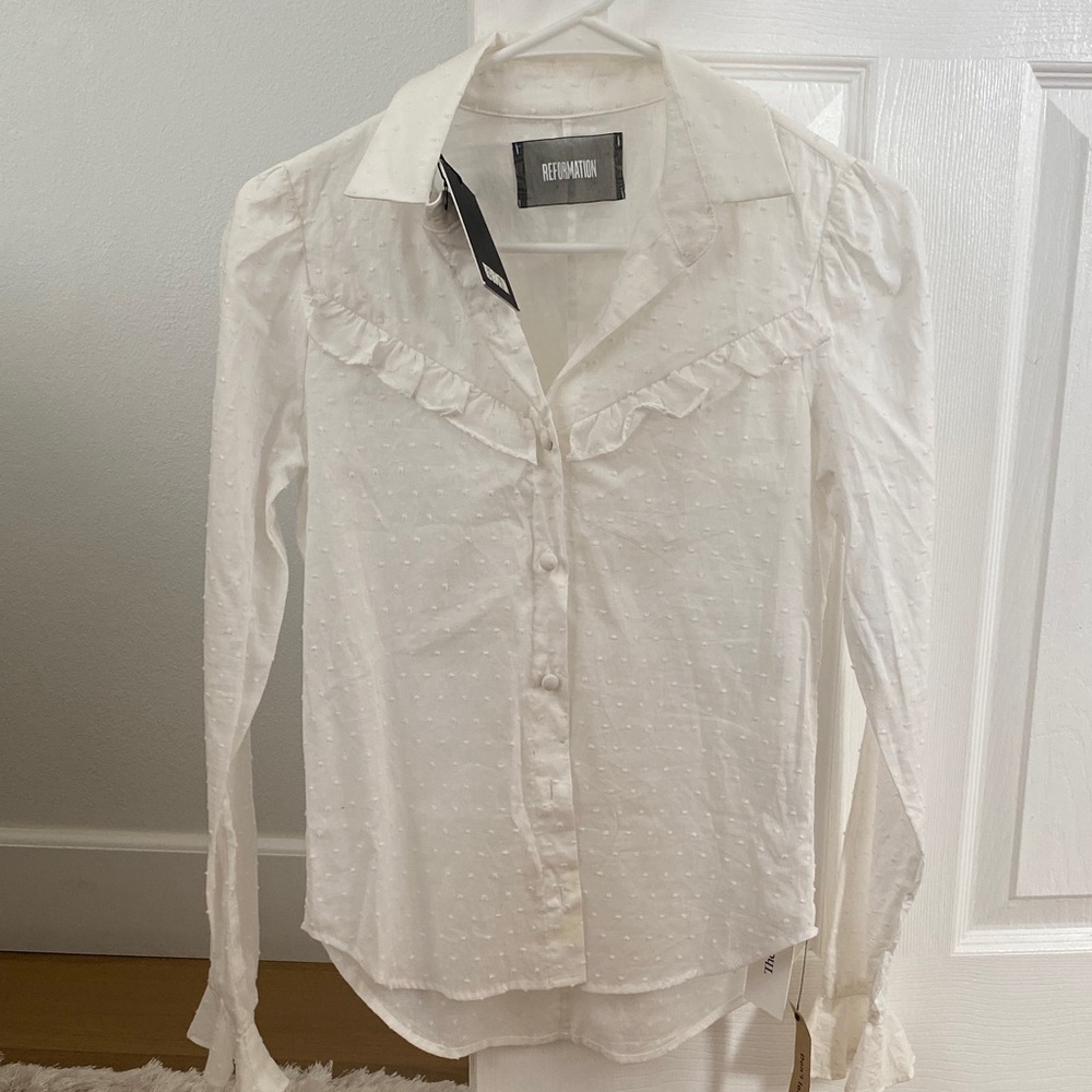 Reformation Ivory Button Down Shirt with Ruffles